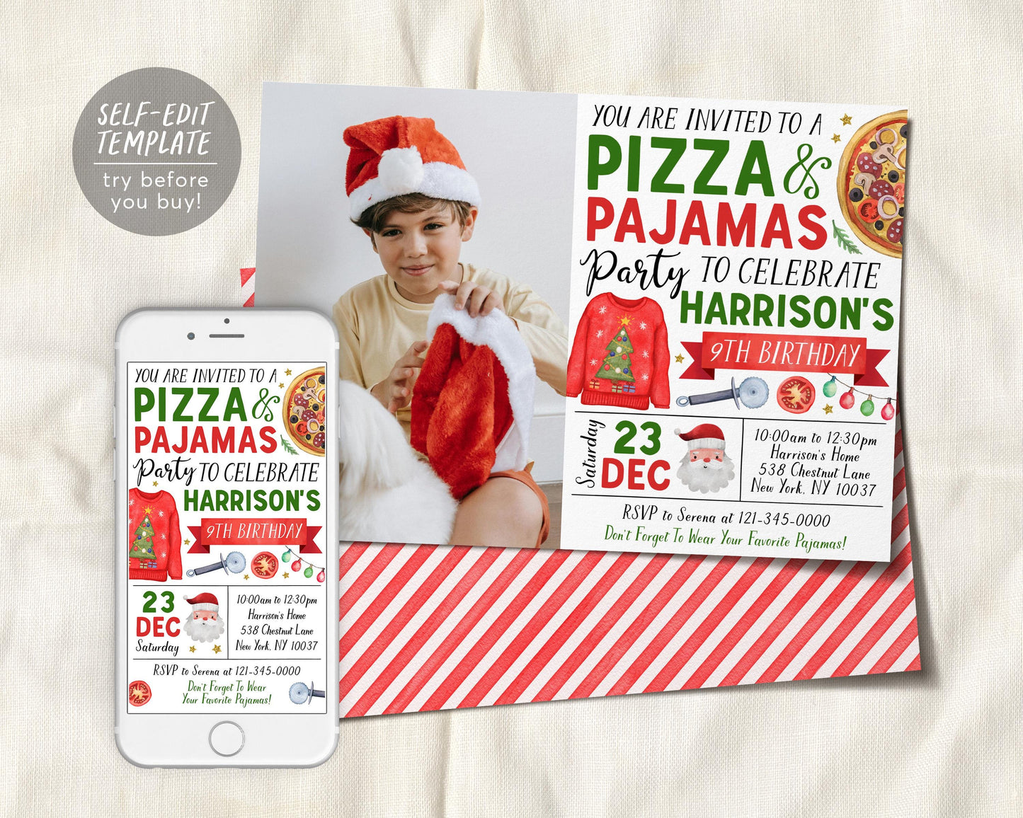 Christmas Pizza And Pajama Birthday Invitation With Photo Editable Template