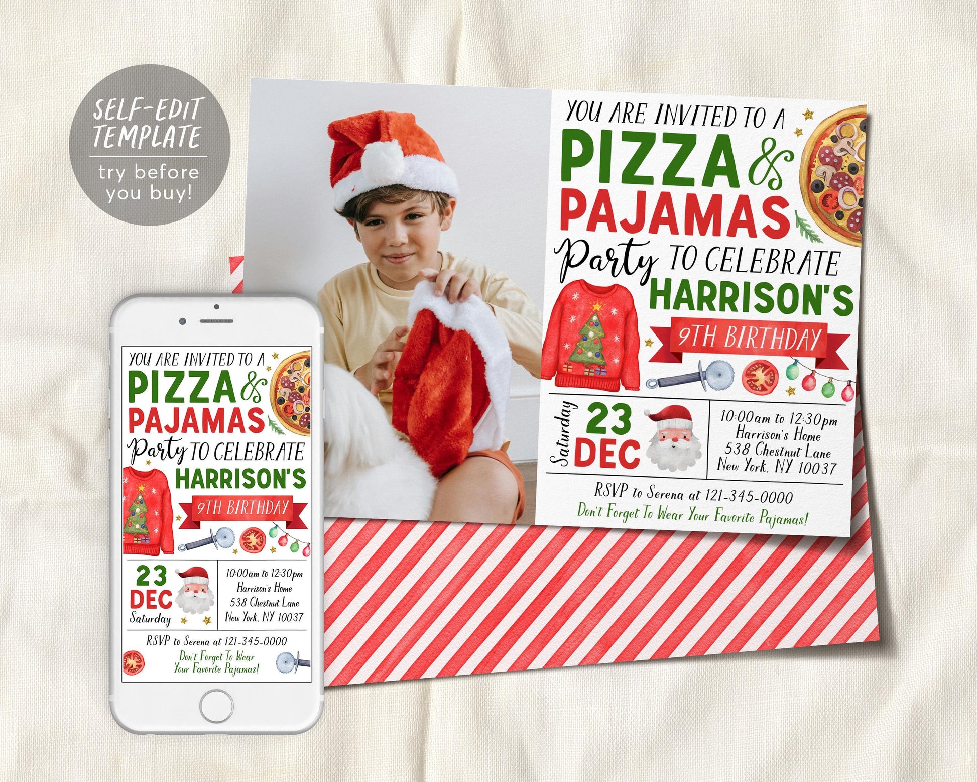 Christmas Pizza And Pajama Birthday Invitation With Photo Editable Template