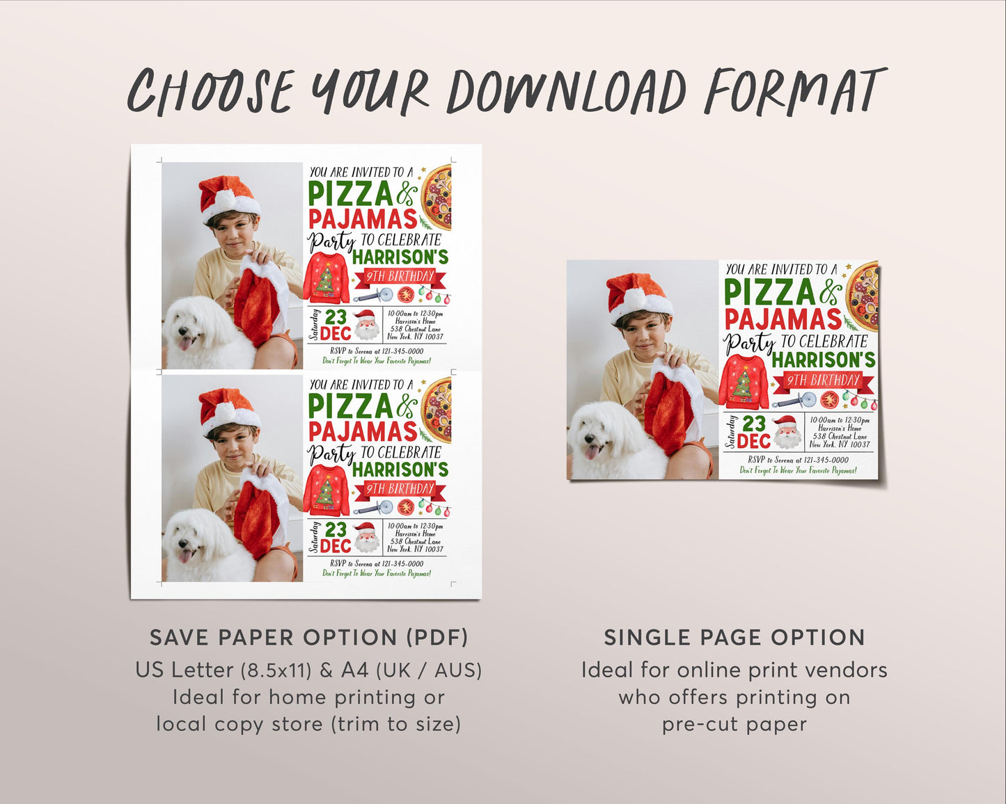 Christmas Pizza And Pajama Birthday Invitation With Photo Editable Template, Holiday Slumber Party Invite, Sleepover Party Evite PJs Santa