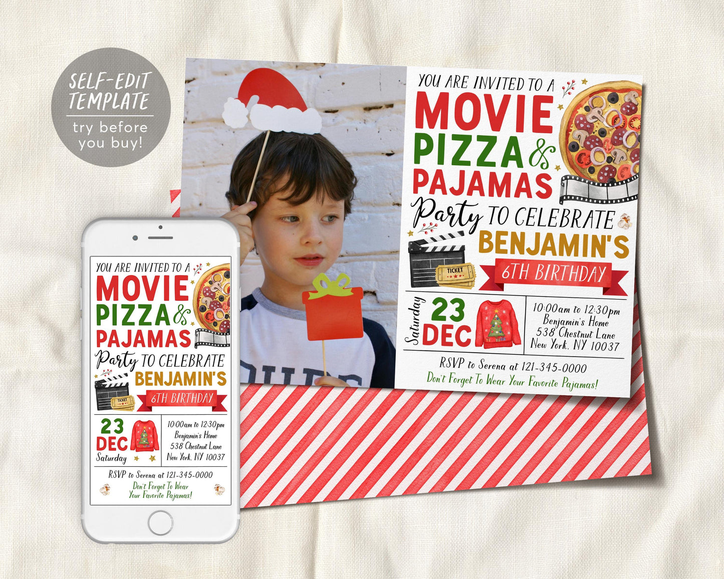 Christmas Movie Pizza Pajamas Birthday Invitation With Photo Editable Template