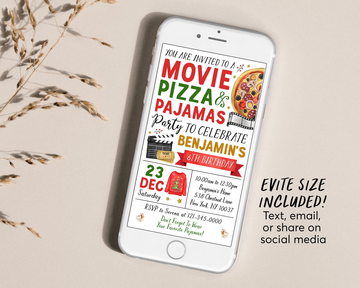 Christmas Movie Pizza Pajamas Birthday Invitation With Photo Editable Template, Holiday Movie Night Slumber Party Invite, Sleepover Evite