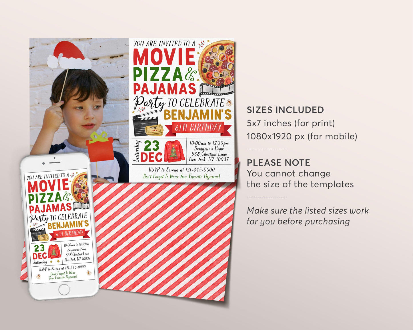 Christmas Movie Pizza Pajamas Birthday Invitation With Photo Editable Template, Holiday Movie Night Slumber Party Invite, Sleepover Evite