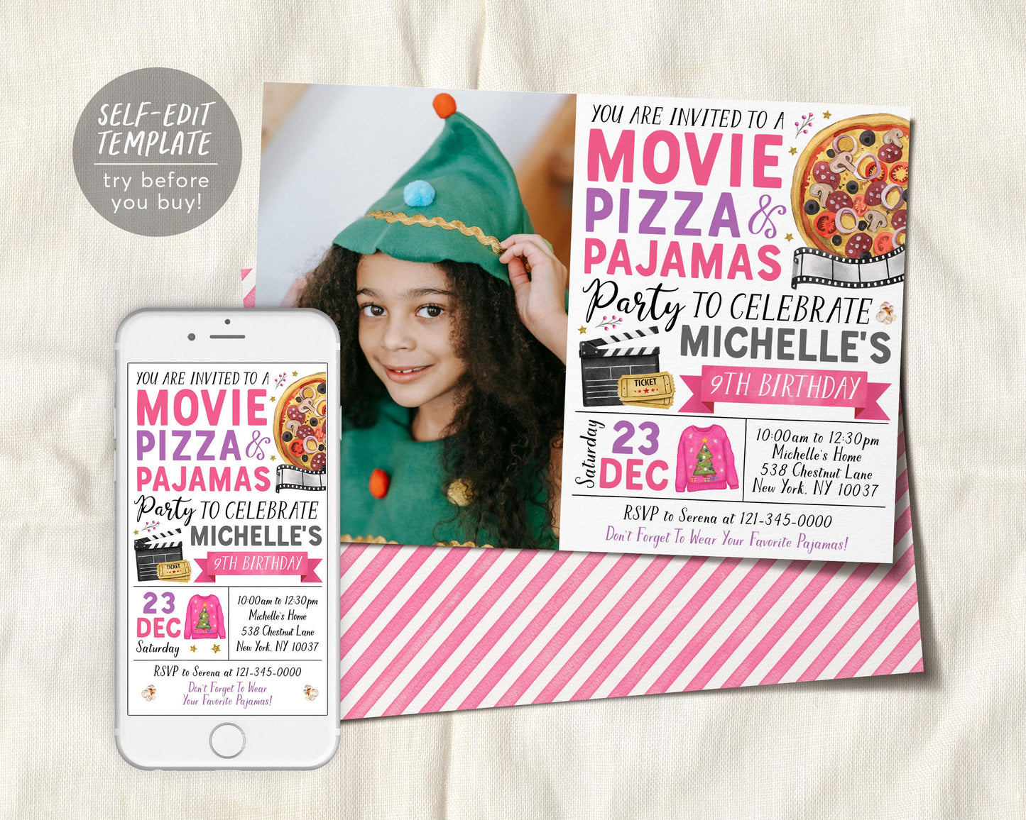 Christmas Movie Pizza Pajamas Birthday Invitation With Photo Editable Template