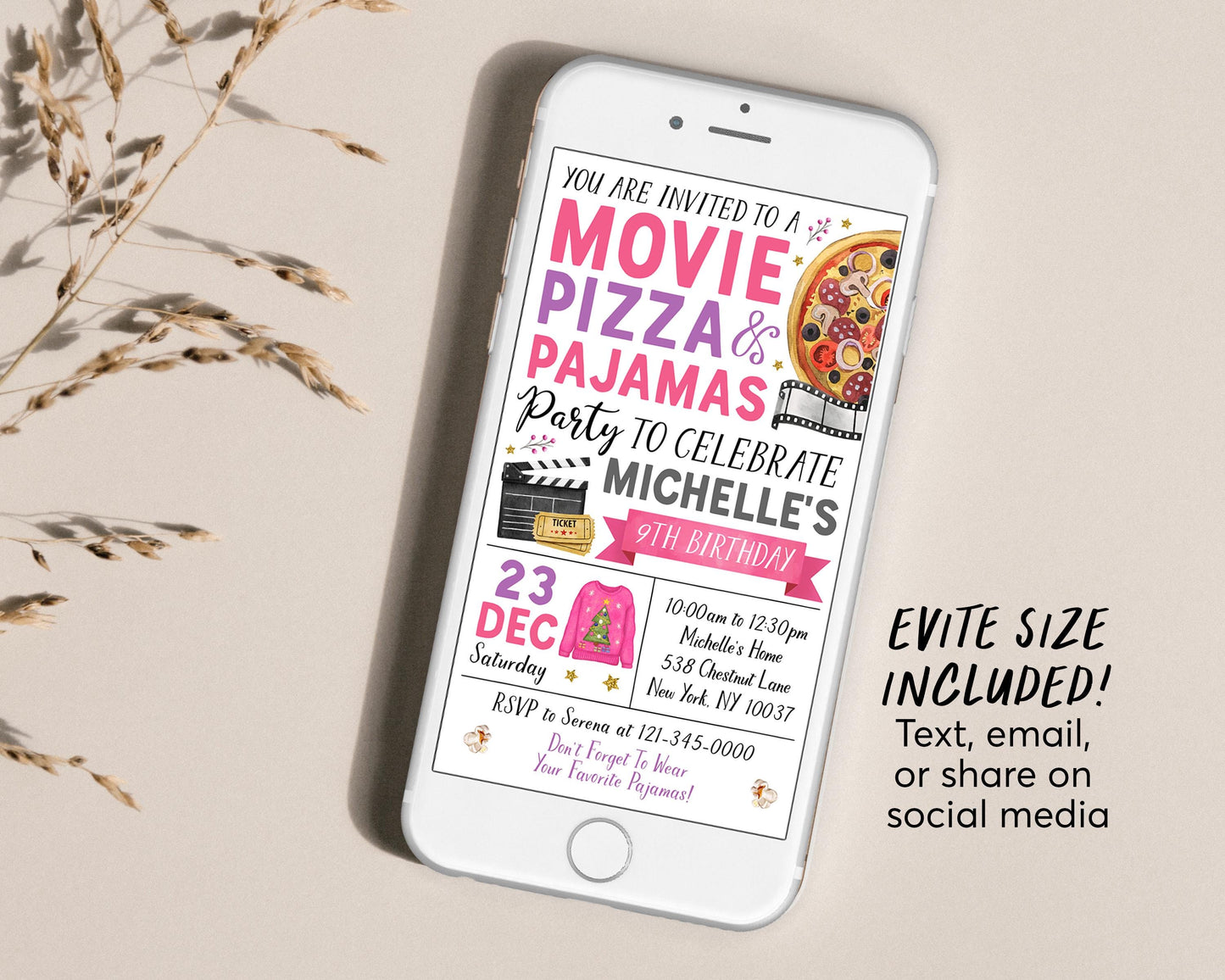 Christmas Movie Pizza Pajamas Birthday Invitation With Photo Editable Template, Holiday Movie Night Slumber Party Invite, Sleepover Evite