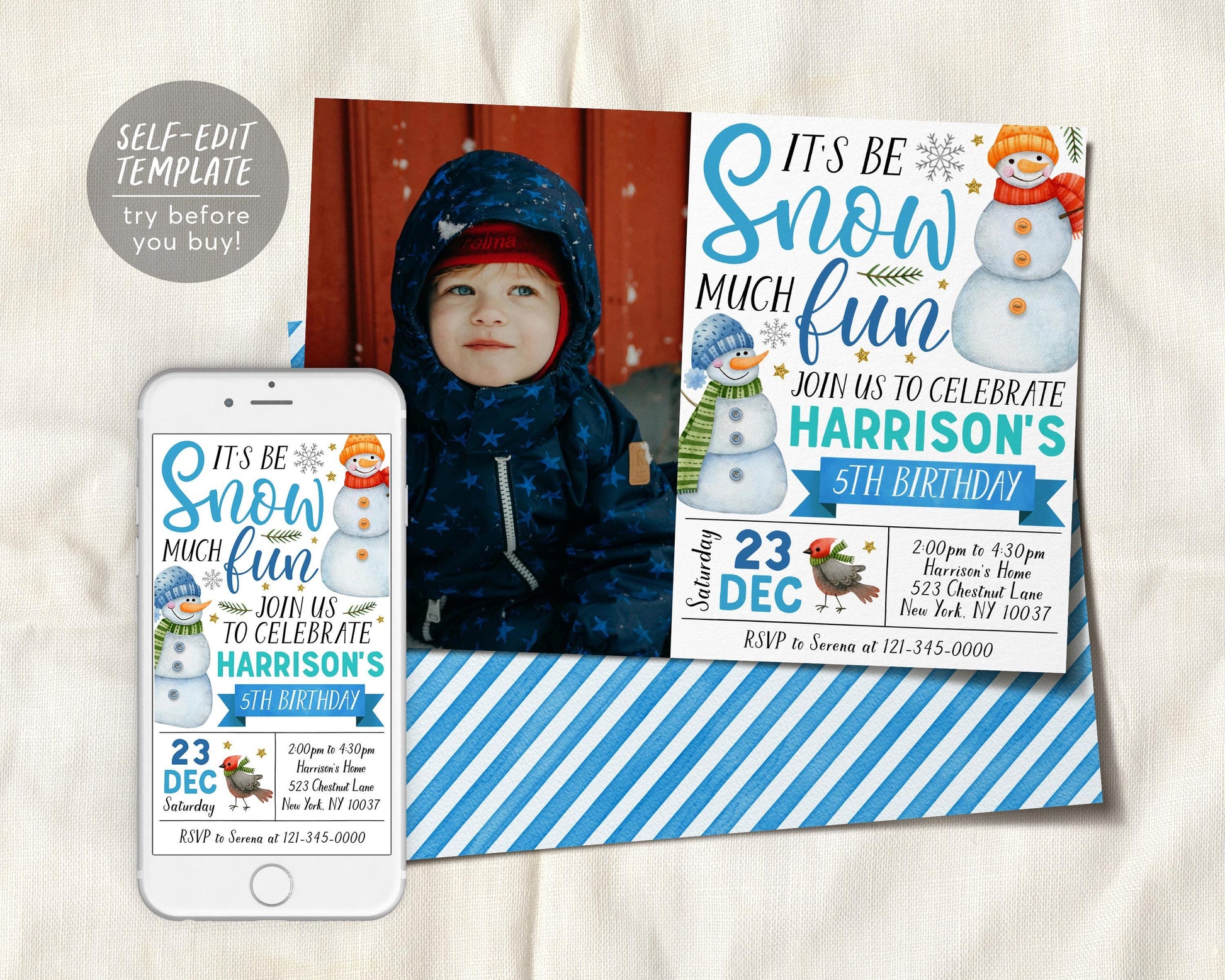 Snowman Birthday Invitation With Photo Editable Template