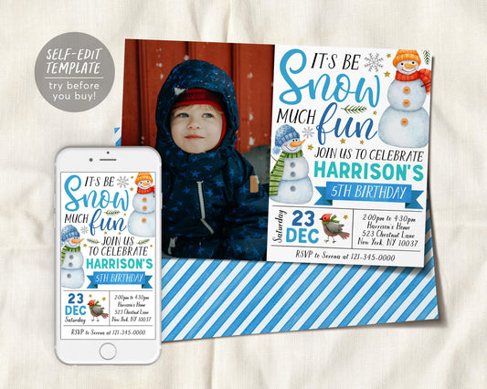 Snowman Birthday Invitation With Photo Editable Template