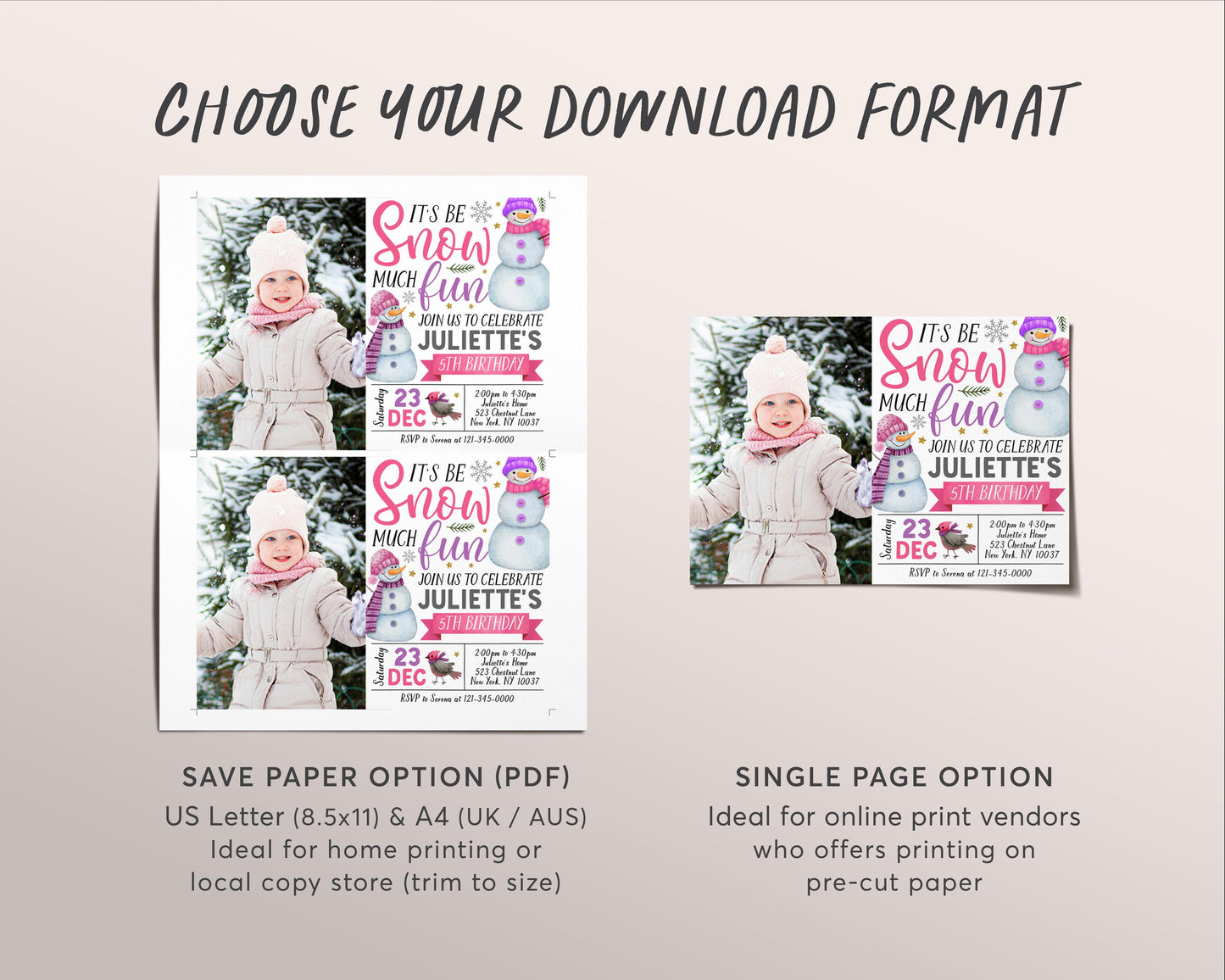 Snowman Birthday Invitation With Photo Editable Template, Girl Snow Much Fun Party Invite, Pink Christmas Holiday Winter Wonderland Evite