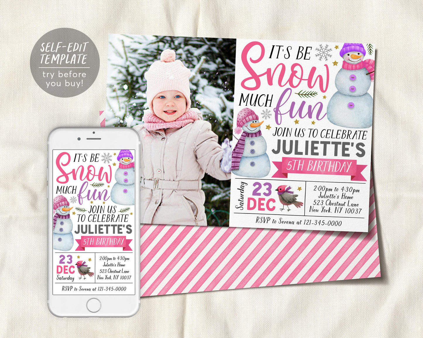 Snowman Birthday Invitation With Photo Editable Template