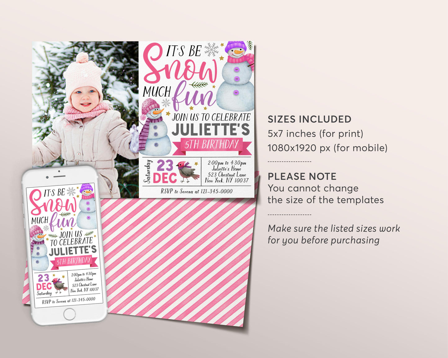 Snowman Birthday Invitation With Photo Editable Template, Girl Snow Much Fun Party Invite, Pink Christmas Holiday Winter Wonderland Evite