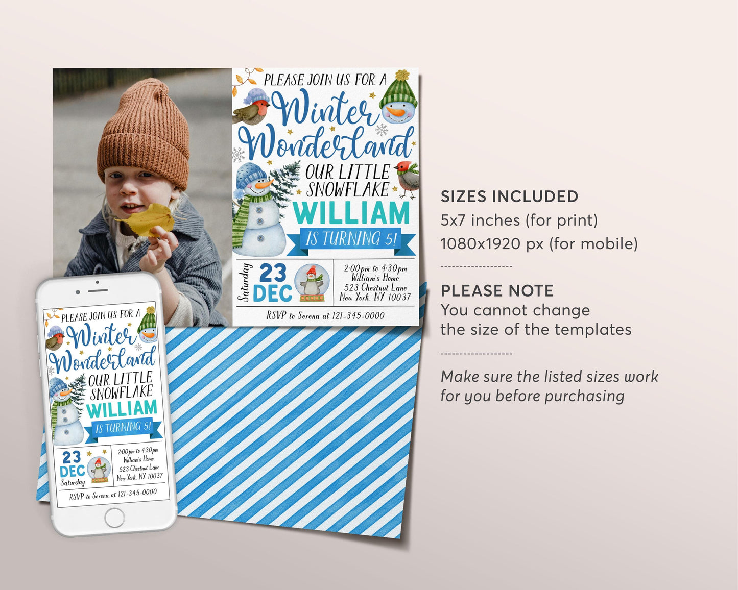 Winter Wonderland Birthday Invitation With Photo Editable Template, Boy Snowman Our Little Snowflake Party Invite, Christmas Snow Much Fun