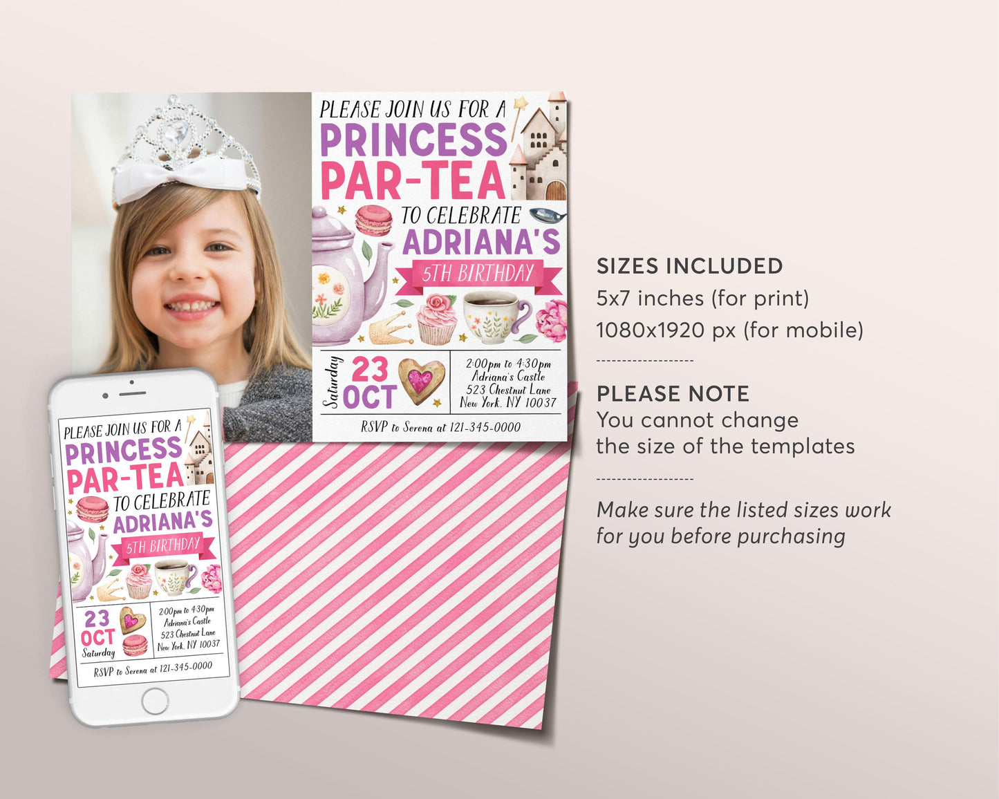 Princess Tea Party Birthday Invitation With Photo Editable Template, Kids Let's Par-Tea High Tea Castle Party Invite, Floral Afternoon Tea