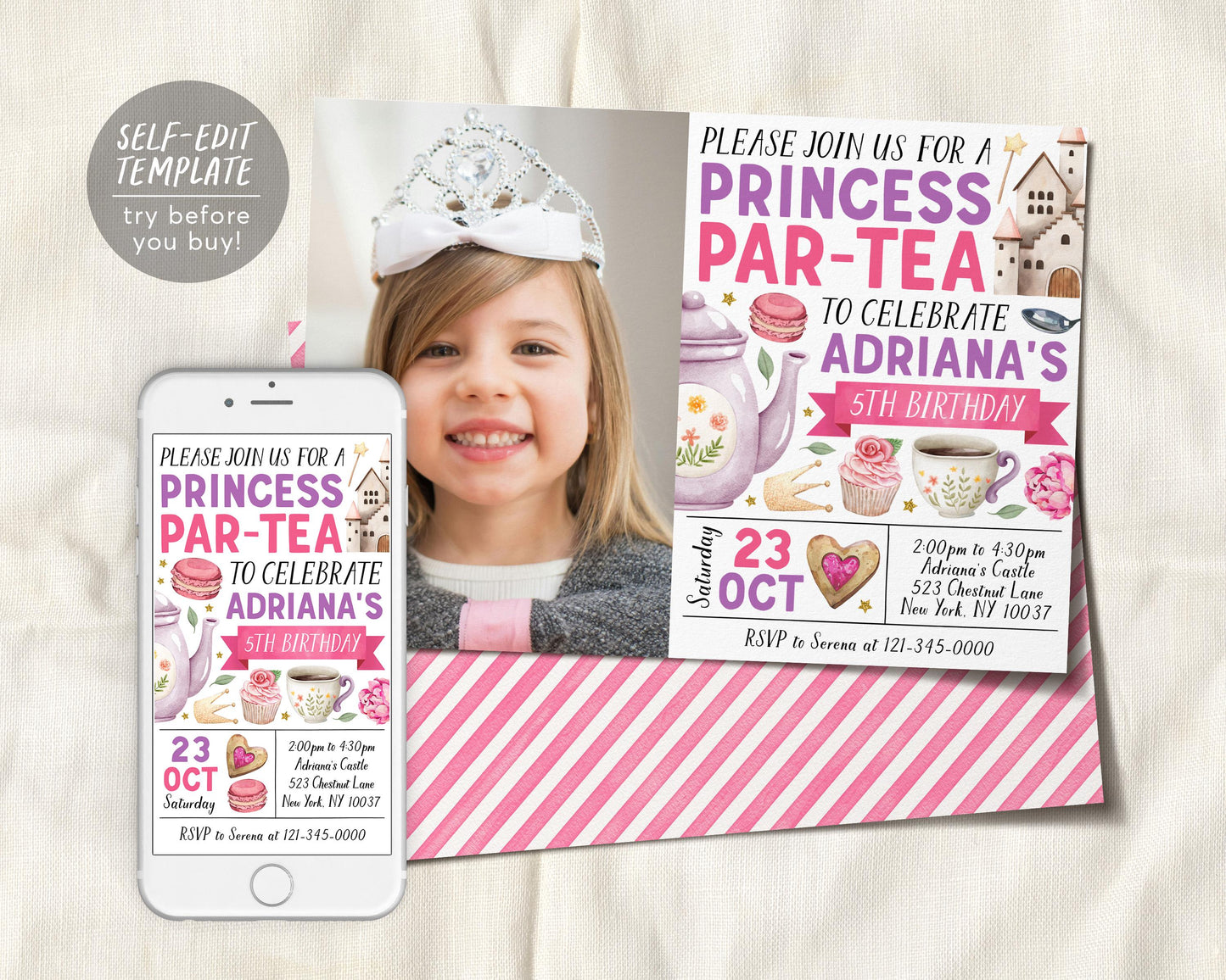 Princess Tea Party Birthday Invitation With Photo Editable Template