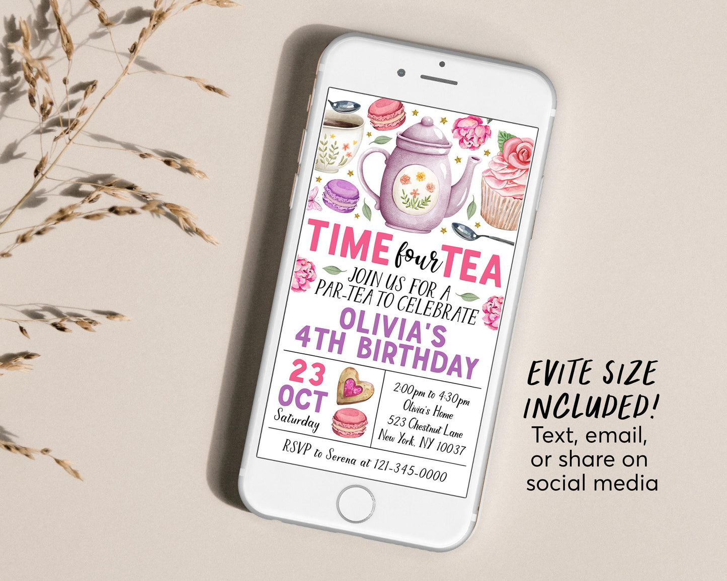 Time Four Tea 4th Birthday Invitation With Photo Editable Template, Kids Let's Par-Tea High Tea Garden Party Invite, Floral Afternoon Tea