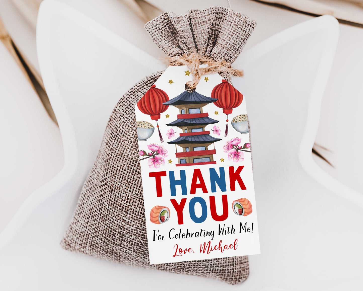 hibachi birthday dinner party favor tags editable template, japanese sushi restaurant gift tag, cherry blossom japan thank you treat bag tag
