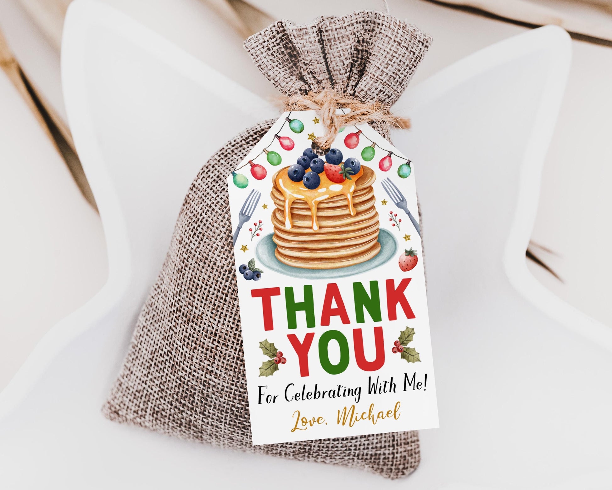 Christmas Pancakes and Pajamas Birthday Favor Tags Editable Template