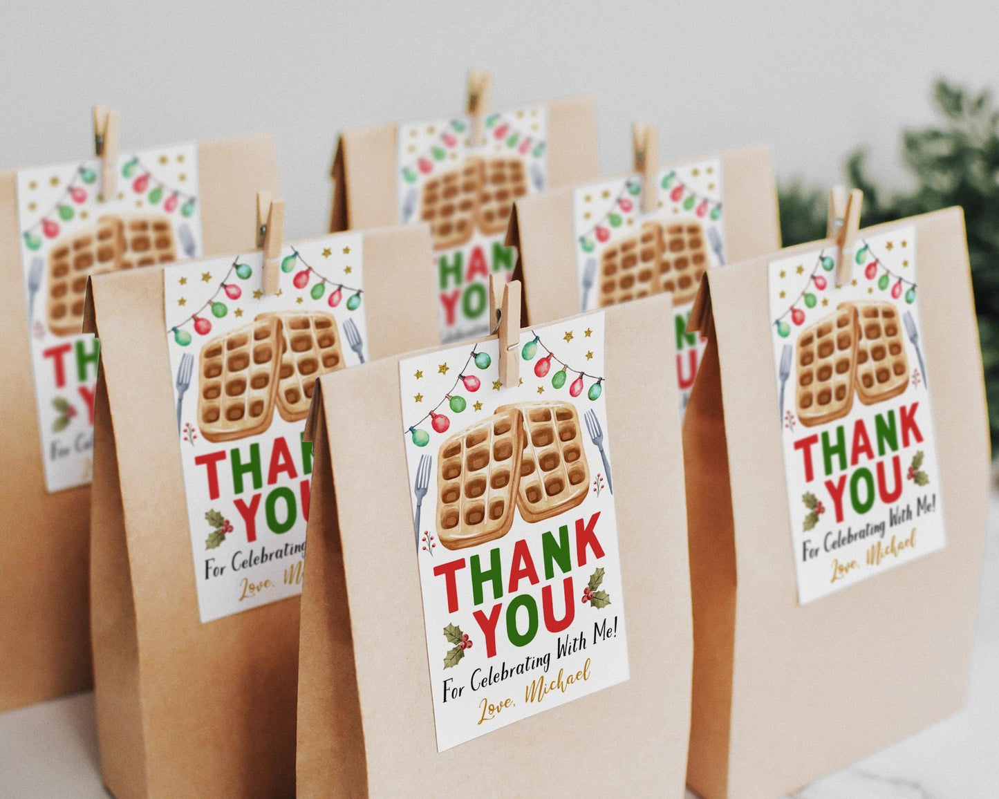 Christmas Waffles and Pajamas Birthday Favor Tags Editable Template, Brunch Pancakes With Santa Holiday Party Thank You Gift Tag Treat Bag