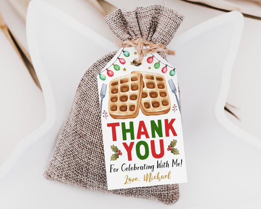 Christmas Waffles and Pajamas Birthday Favor Tags Editable Template, Brunch Pancakes With Santa Holiday Party Thank You Gift Tag Treat Bag