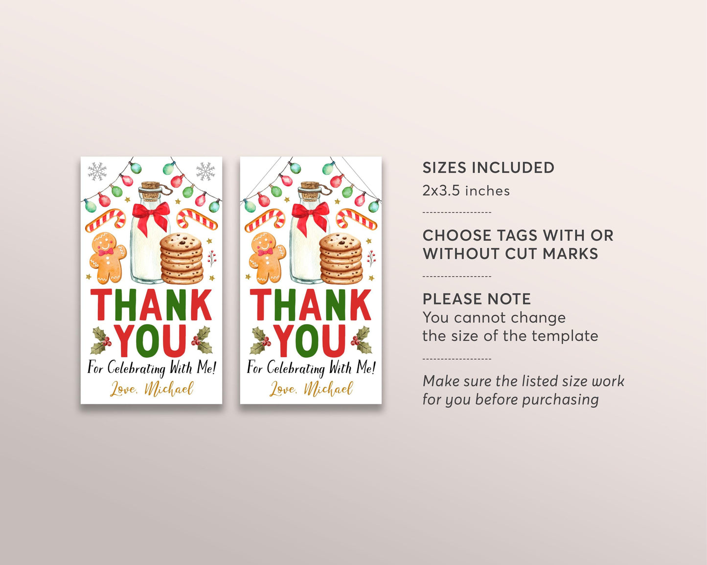 Christmas Milk and Cookies Favor Tags Editable Template, Holiday Cookie Decorating Birthday Party Thank You Gift Tag, Gingerbread Man Treat