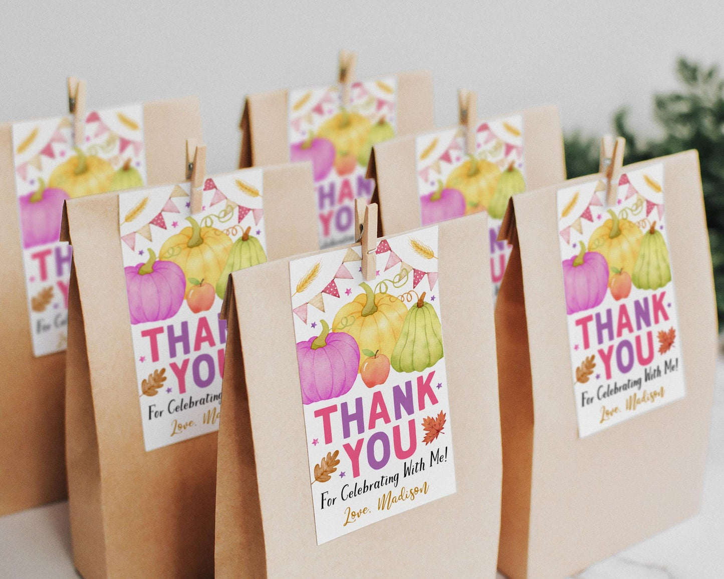 Apple and Pumpkins Birthday Favor Tags Editable Template, Girl Pink  Fall Autumn Pumpkin Patch Thank You Treat Bag, Pumpkin Patch Gift Tags