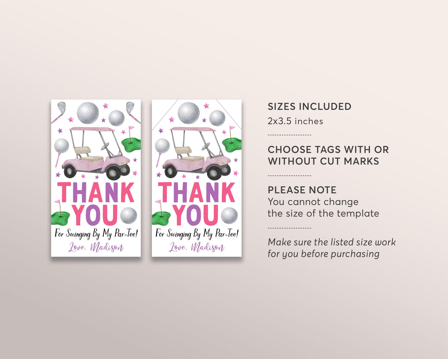 Golf Birthday Party Favor Tags Editable Template, Girl Pink Lets Par-Tee Masters Party Thank You Treat Bag, Golf Cart Golf Ball Gift Tags