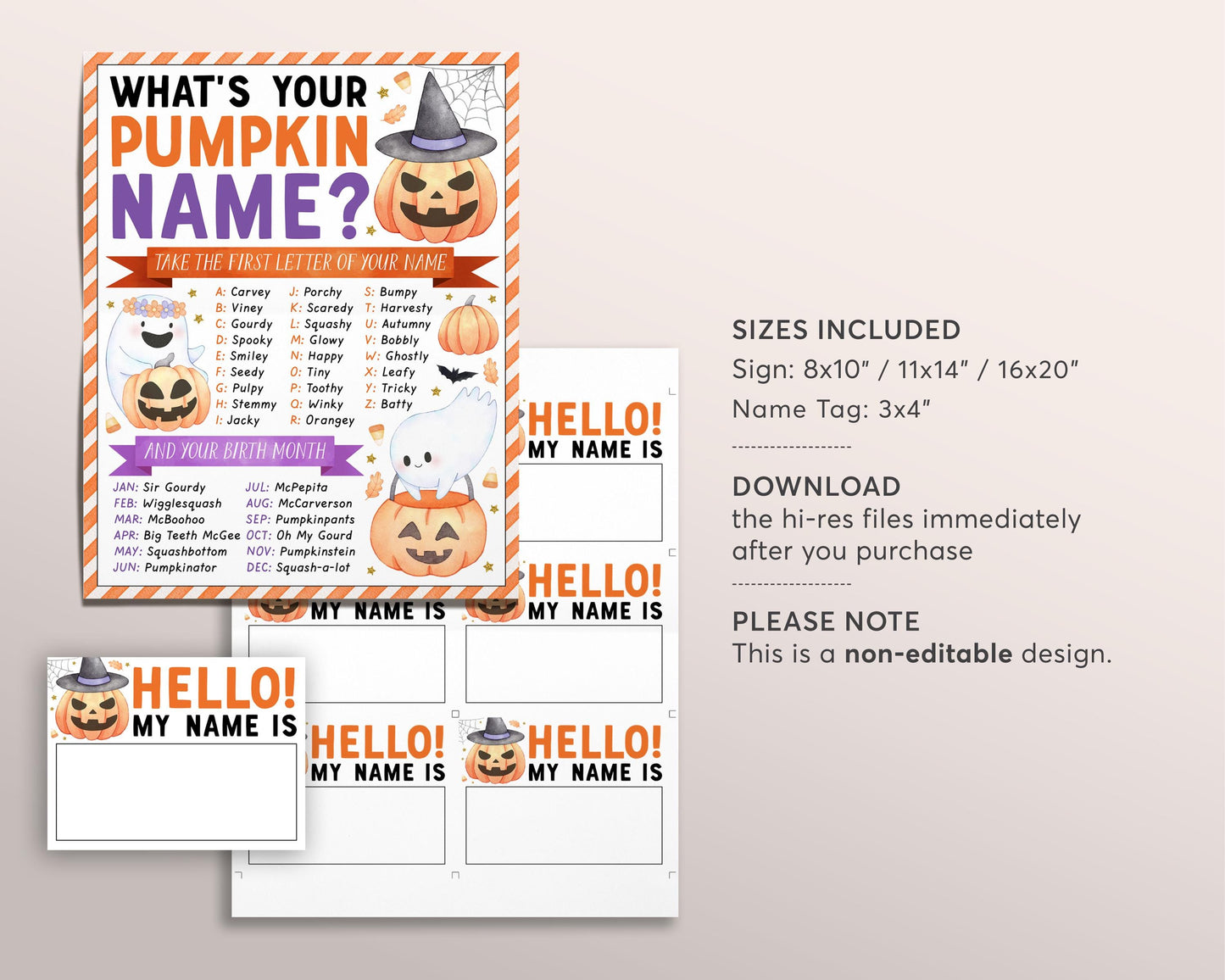 What's Your Pumpkin Name Game, Pumpkin Carving Party Activity With Name Tags And Sign, Halloween Fall Autumn Fun Family Games Printable DIY