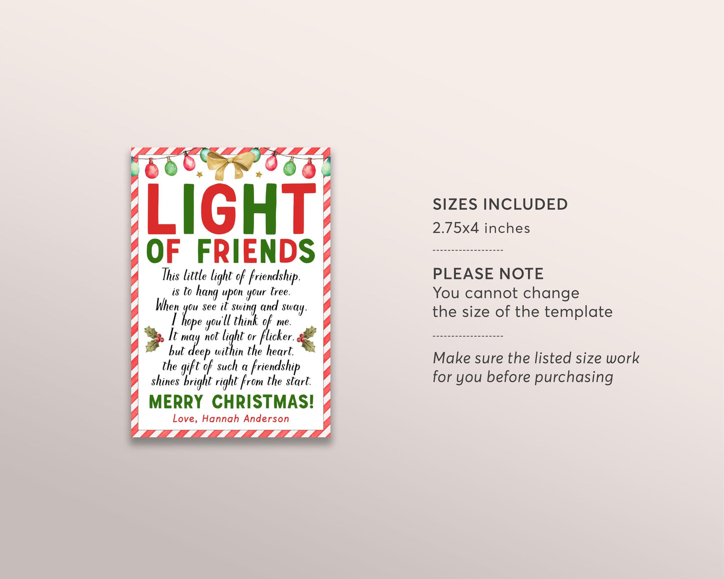 Light of Friends Card Poem Editable Template, Light of Friendship Christmas Ornament, Holiday Thank You Appreciation Favor Tag Gift Tag