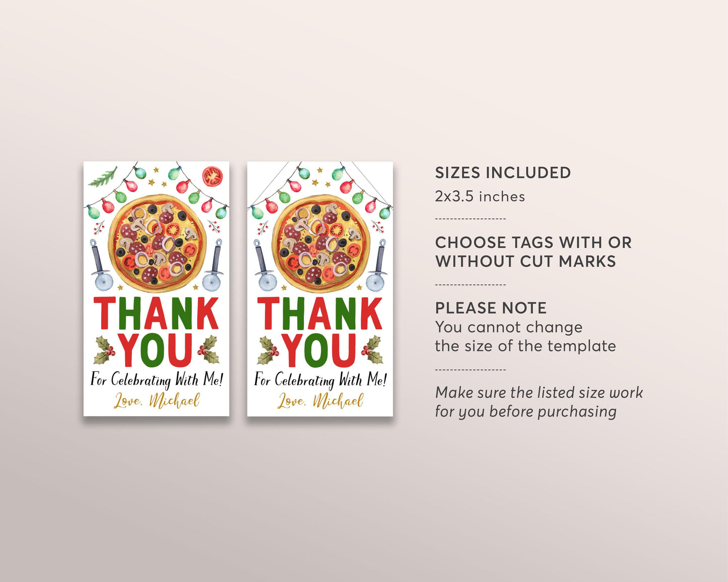 Pizza Birthday Favor Tags Editable Template, Christmas Pizza And Pajama Party Thank You Treat Bag, Holiday Pizza Gift Tags Printable Decor