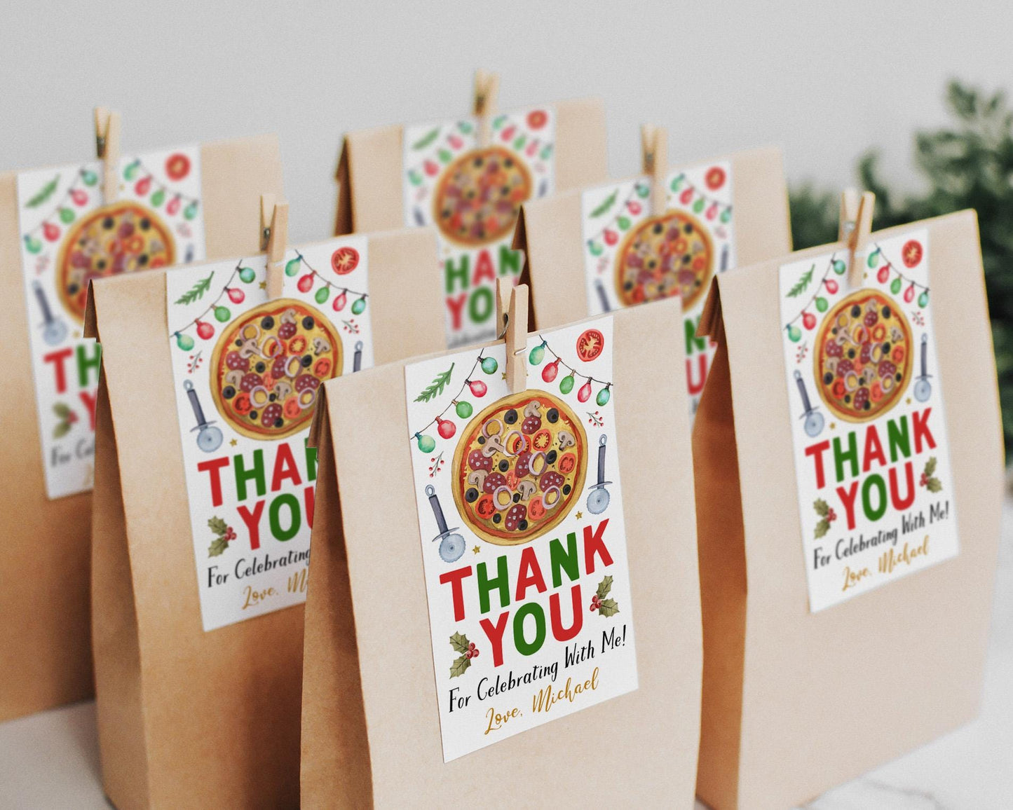 Pizza Birthday Favor Tags Editable Template, Christmas Pizza And Pajama Party Thank You Treat Bag, Holiday Pizza Gift Tags Printable Decor