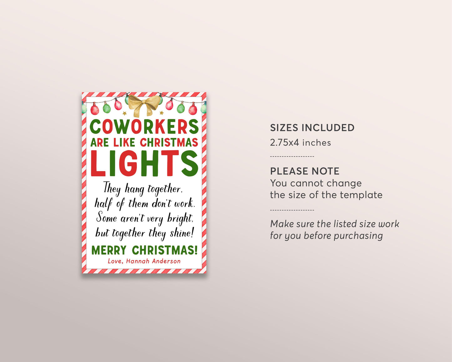 Coworkers Are Like Christmas Lights Card Tag Editable Template, Light of Coworkers Poem Christmas Ornament, Holiday Colleague Boss Employee