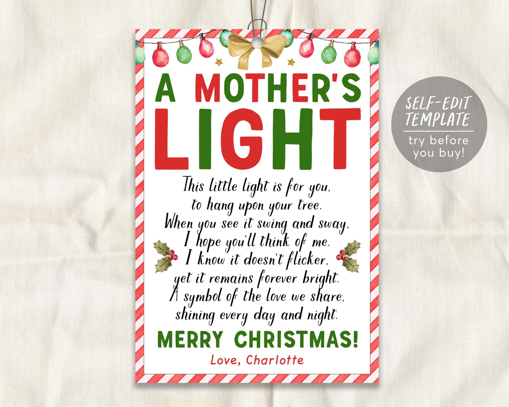 A Mother's Light Card Tag Editable Template, Light of Mother Poem Christmas  Ornament, Holiday Thank You Appreciation Favor Tags Printable, image size:1946x1557