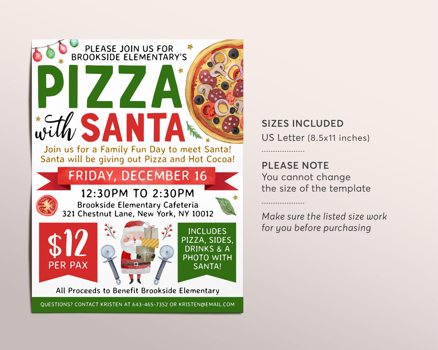 Pizza with Santa Flyer Editable Template, Christmas Pizza Santa Fundraiser Invitation, Pictures With Santa Holiday Church School PTO PTA