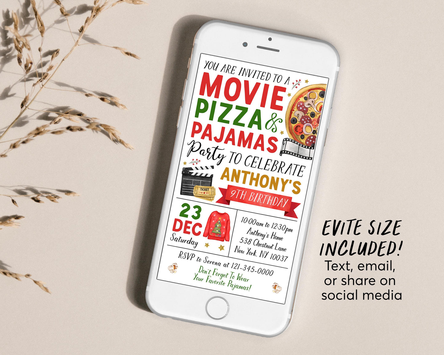 Christmas Movie Pizza Pajamas Birthday Invitation Editable Template, Holiday Movie Night Slumber Party Invite, Sleepover Pajamas Party Evite