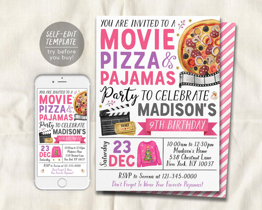 Christmas Movie Pizza Pajamas Birthday Invitation Editable Template