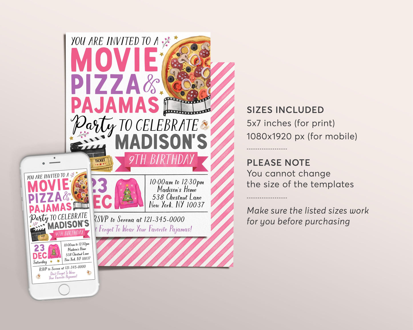 Christmas Movie Pizza Pajamas Birthday Invitation Editable Template, Girl Holiday Movie Night Slumber Party Invite, Sleepover Pajamas Evite