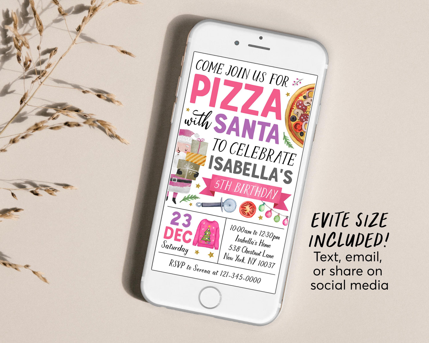 Pizza With Santa Invitation Editable Template, Girl Christmas Pizza and Pajamas Invite, Holiday Kids Dinner Movie Sleepover Party Evite