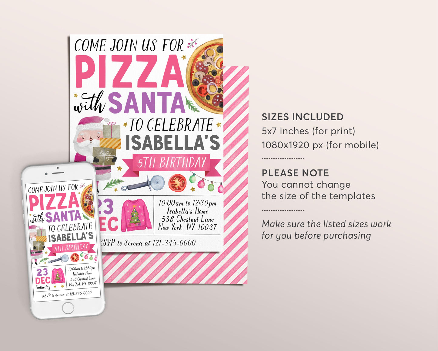 Pizza With Santa Invitation Editable Template, Girl Christmas Pizza and Pajamas Invite, Holiday Kids Dinner Movie Sleepover Party Evite