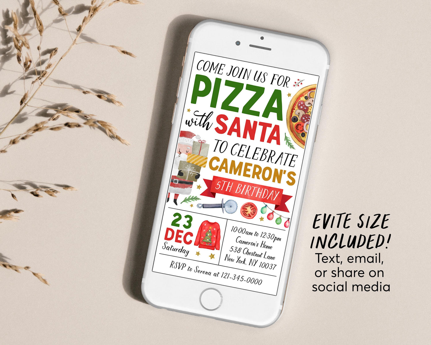 Pizza With Santa Invitation Editable Template, Christmas Pizza and Pajamas Invite, Holiday Kids Dinner Movie Sleepover Party Evite Printable