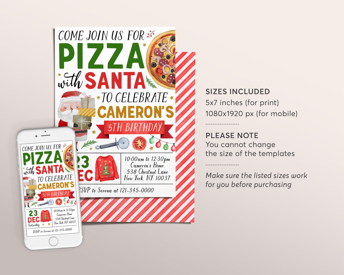 Pizza With Santa Invitation Editable Template, Christmas Pizza and Pajamas Invite, Holiday Kids Dinner Movie Sleepover Party Evite Printable