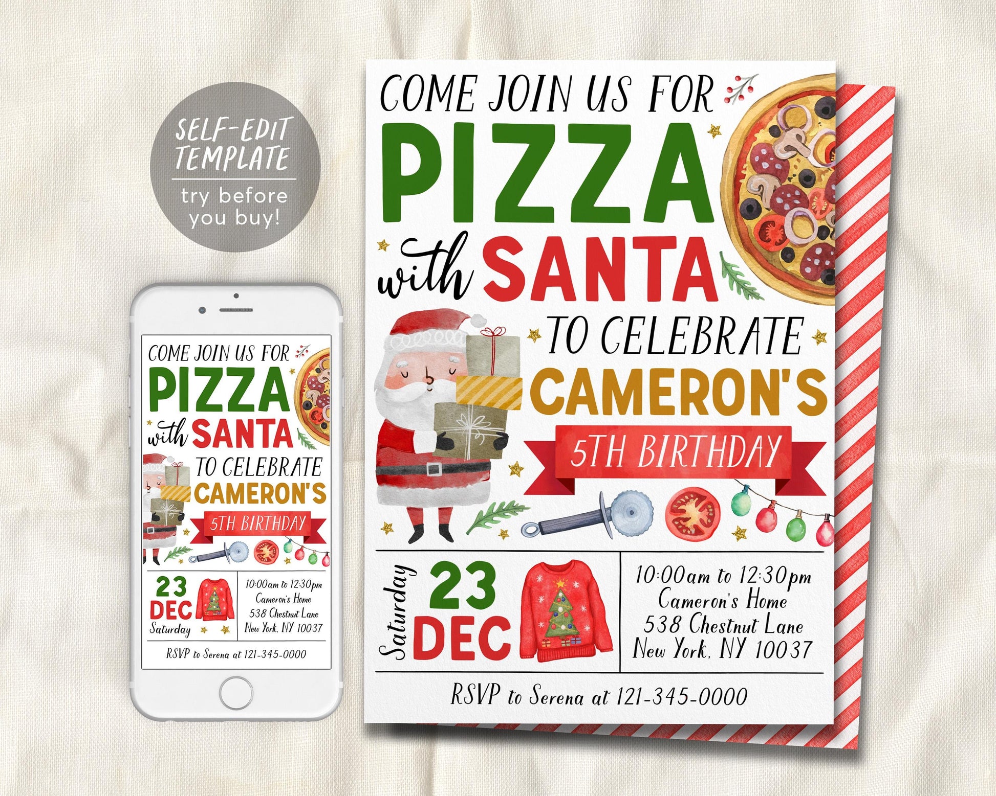 Pizza With Santa Invitation Editable Template