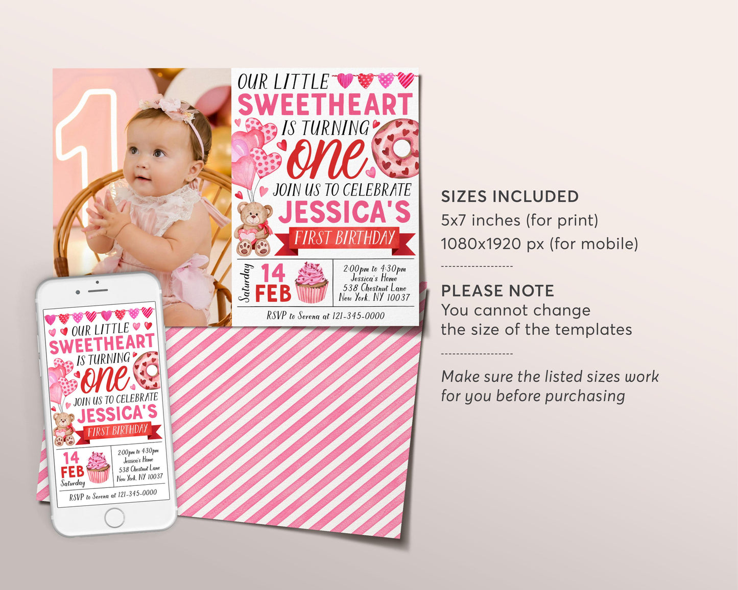 Sweetheart First Birthday Invitation With Photo Editable Template, Valentines Day Pink Hearts Party Invite, Valentine Our Little Sweetheart