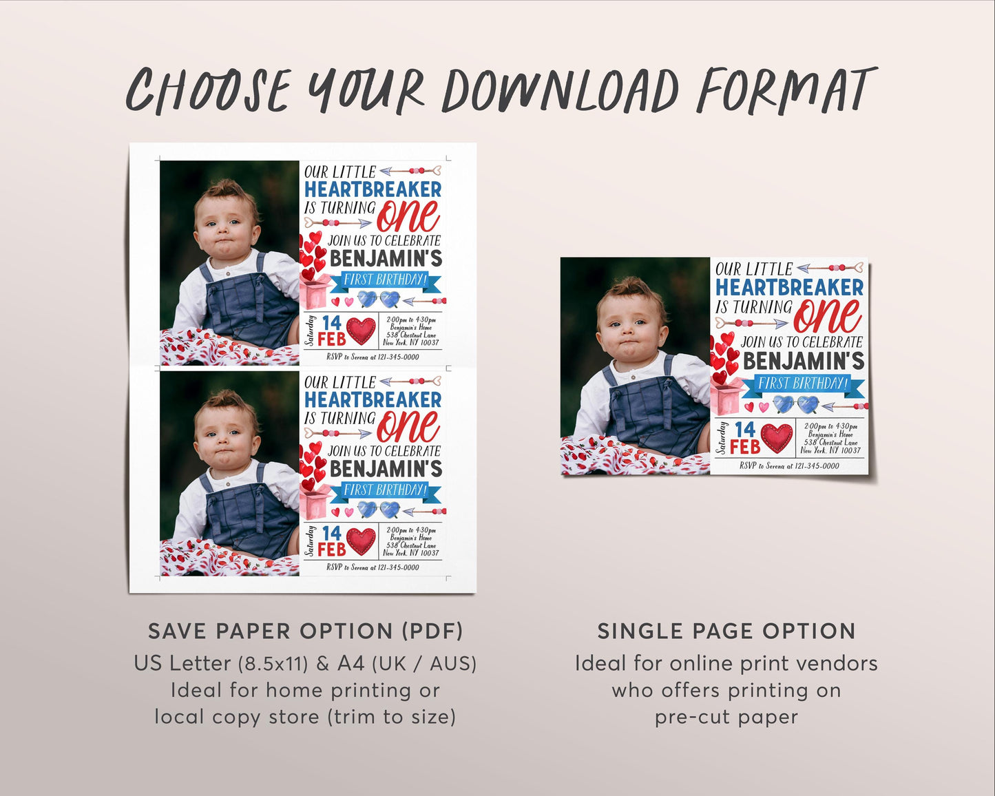 Heartbreaker First Birthday Invitation With Photo Editable Template, Valentines Day Hearts Party Invite, Valentine Our Little Heartbreaker