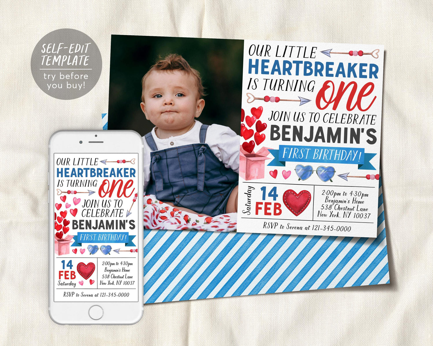 Heartbreaker First Birthday Invitation With Photo Editable Template