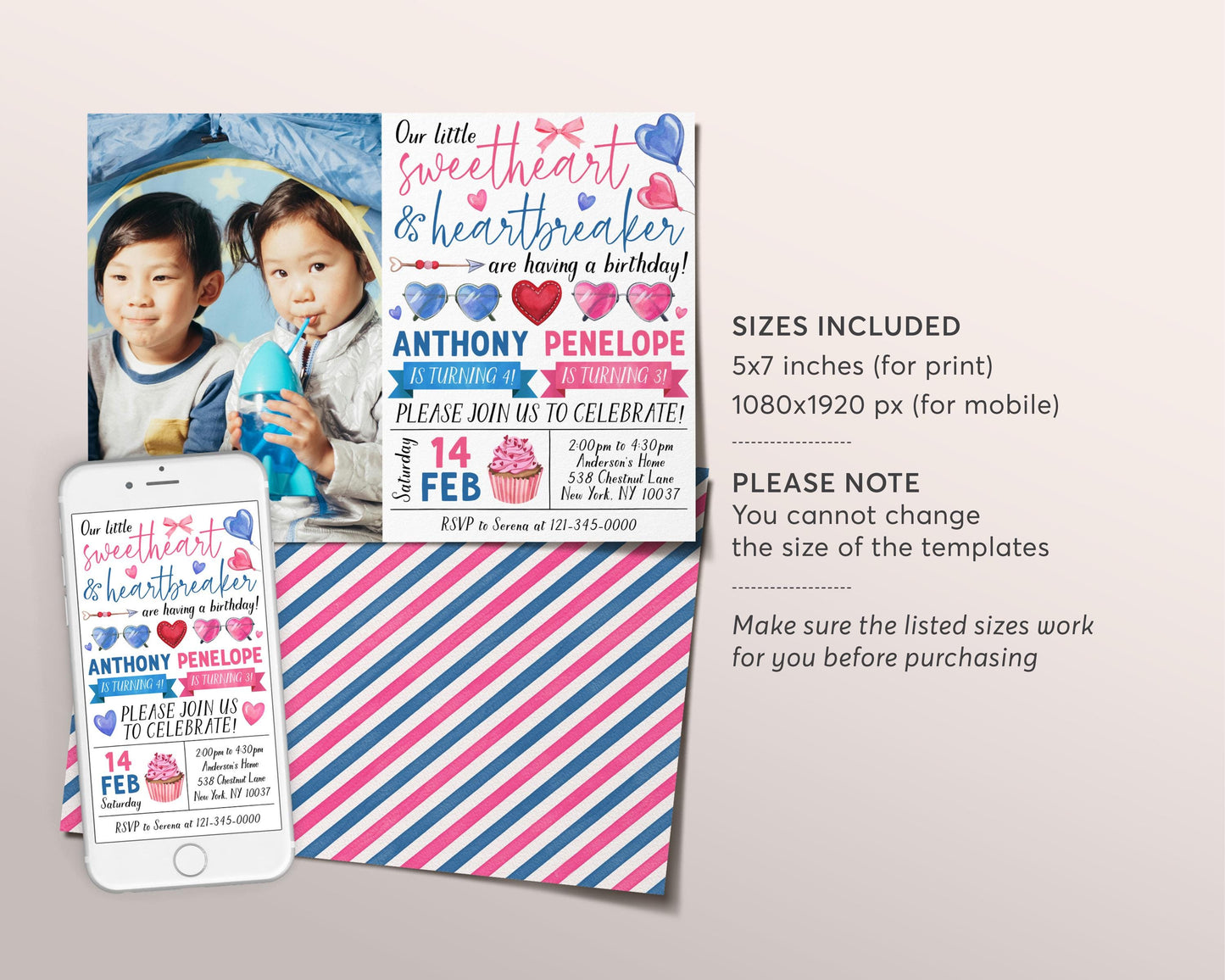 Valentines Day Joint Siblings Birthday Invitation With Photo Editable Template, Boy Girl Our Little Sweetheart Heartbreaker Party Invite