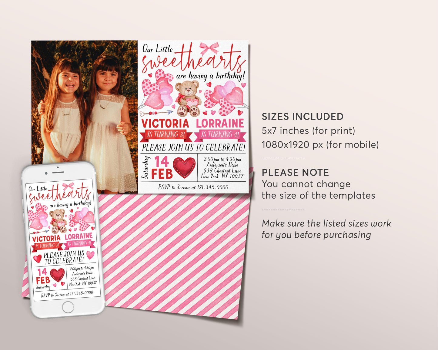 Valentines Day Joint Siblings Birthday Invitation With Photo Editable Template, Our Little Sweethearts Party Invite, Valentine Girls Sisters