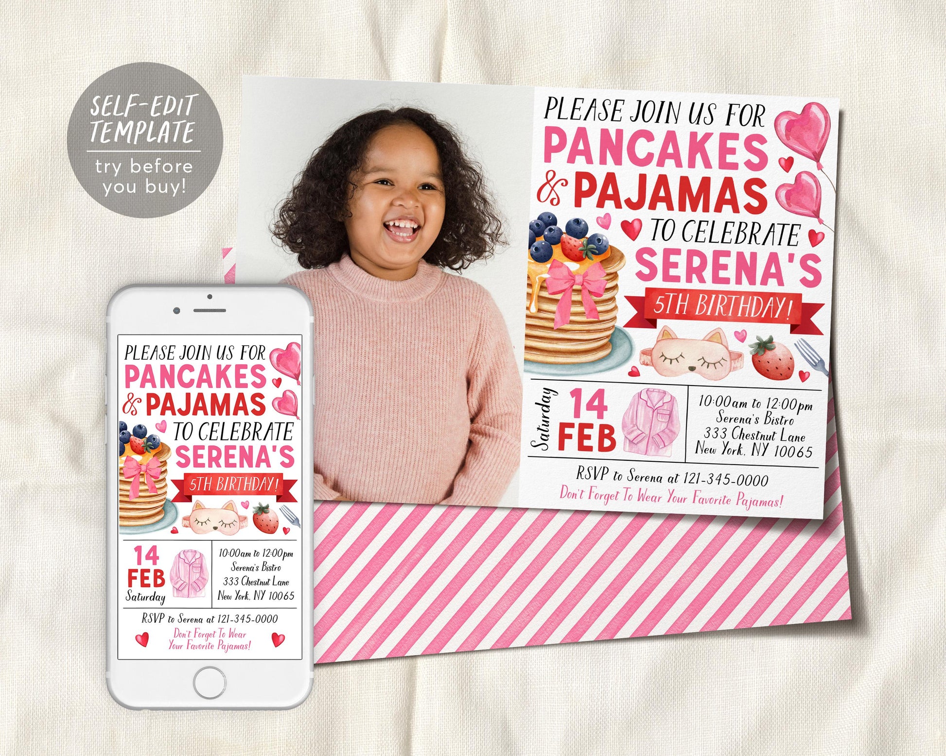 Pancakes and Pajamas Birthday Invitation With Photo Editable Template