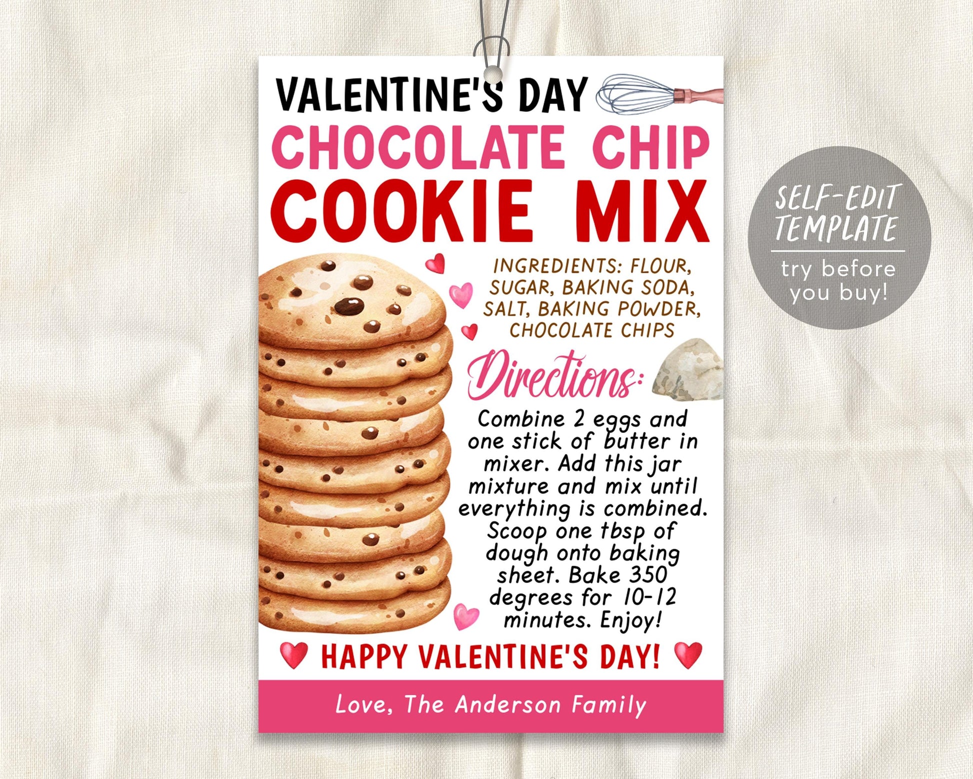 Valentine&#39;s Day Cookie Mix in a Jar Gift Tag Editable Template