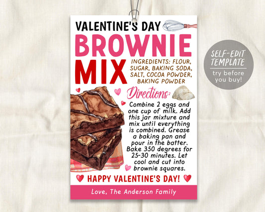 Valentine&#39;s Day Brownie Mix in a Jar Gift Tag Editable Template