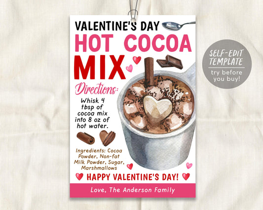 Valentine&#39;s Day Hot Cocoa Mix in a Jar Gift Tag Editable Template