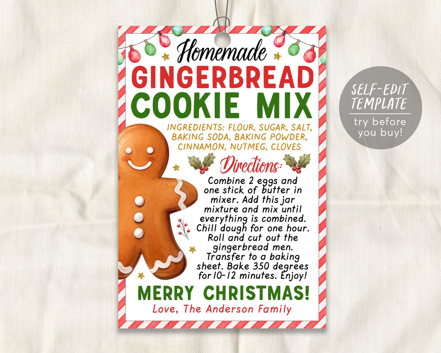 Gingerbread Cookie Mix in a Jar Gift Tag Editable Template