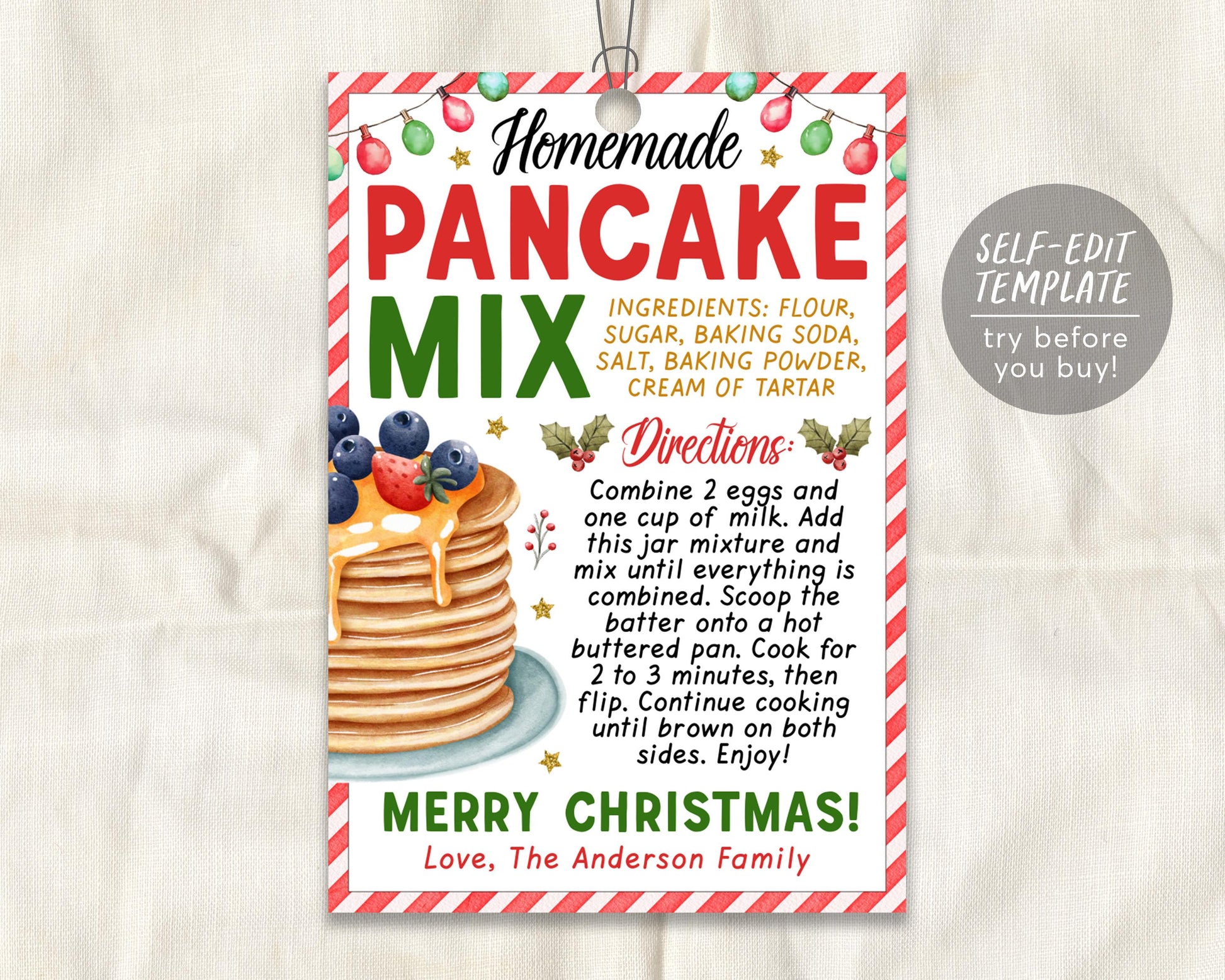 Pancake Mix in a Jar Gift Tag Editable Template